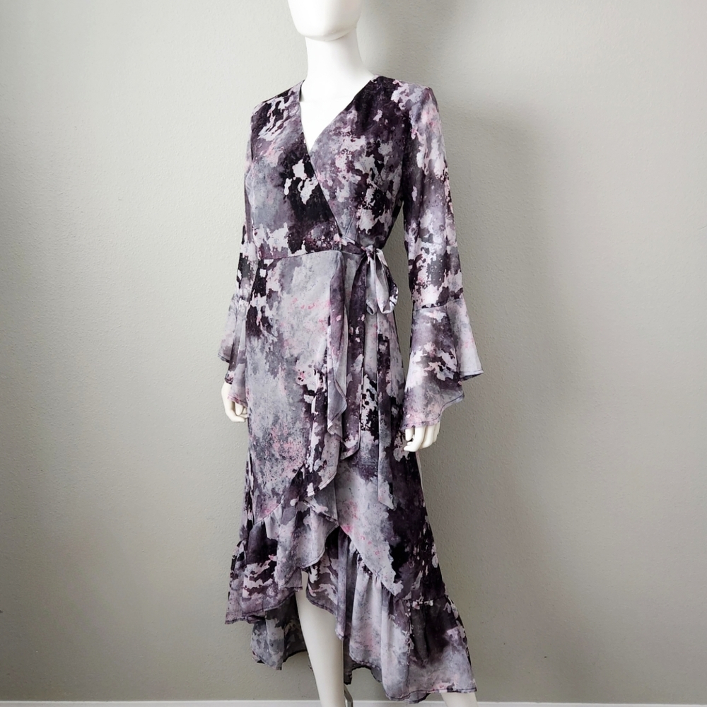 bar III Romantic Ruffle Hem Wrap Dress With Sheer Bell Sleeves, Size Medium